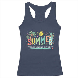 Summer Remembering My Why Racerback Tank Top Cute Tropical Beach Palm Tree Surfboard Teacher Graphic TS02 Navy Print Your Wear