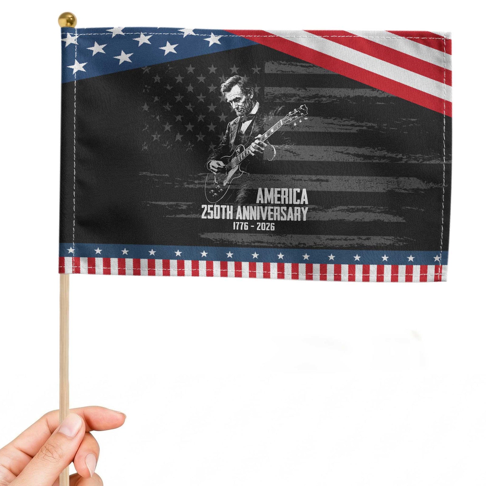 America 250th Anniversary Abraham Lincoln Rock Star Patriotic Handheld Flag Funny Electric Guitar Player 1776 to 2026 Semiquincentennial TS02 Distressed 8.2