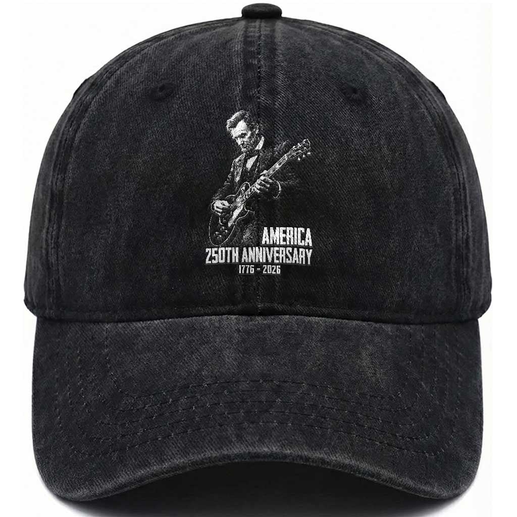 America 250th Anniversary Abraham Lincoln Rock Star Washed Cotton Baseball Cap Funny Electric Guitar Player 1776 to 2026 Semiquincentennial TS02 Print Your Wear