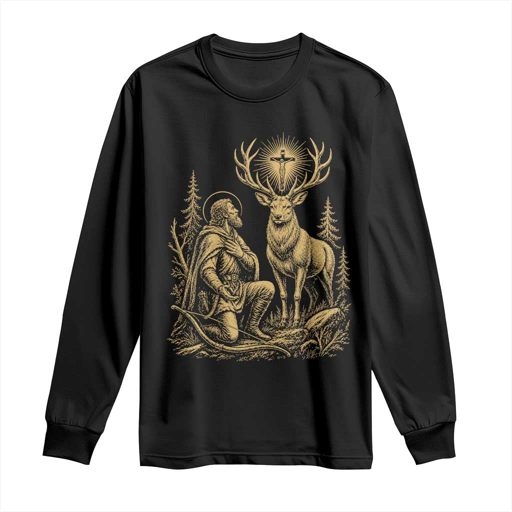 Saint Hubert Patron Saint of Hunters Vintage Woodcut Long Sleeve Shirt Catholic Faith and Hunting Heritage Gift TS02 Black Print Your Wear