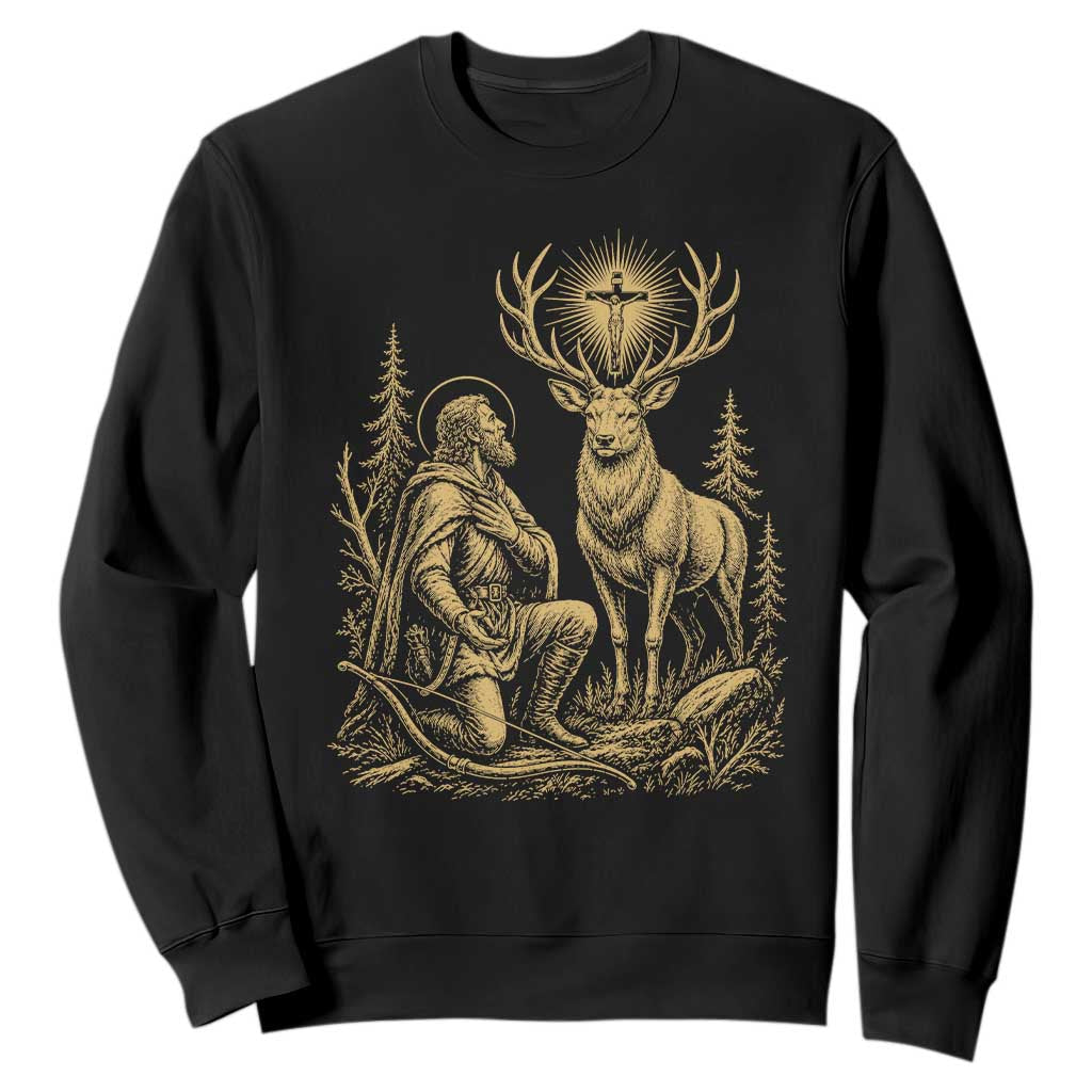 Saint Hubert Patron Saint of Hunters Vintage Woodcut Sweatshirt Catholic Faith and Hunting Heritage Gift TS02 Black Print Your Wear