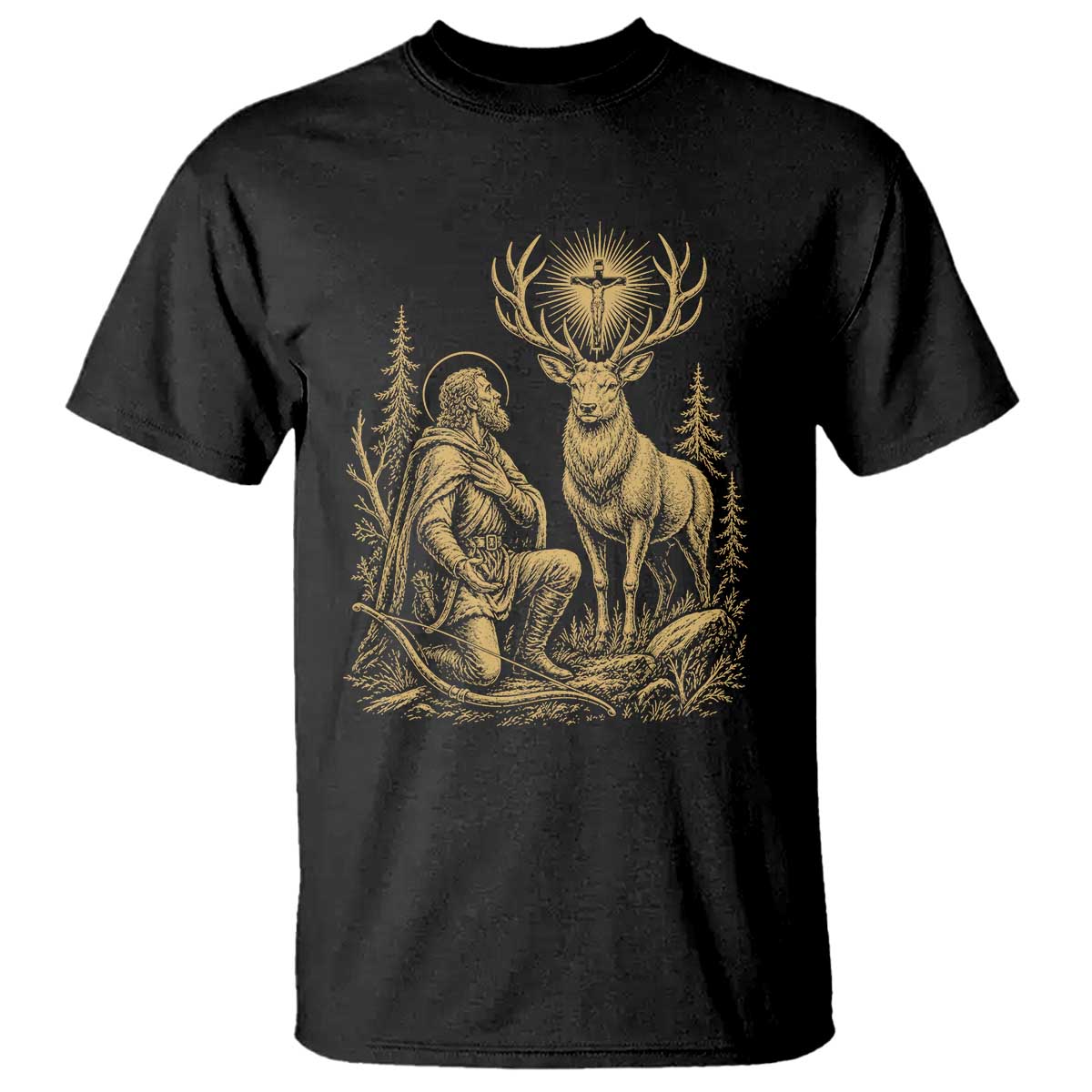Saint Hubert Patron Saint of Hunters Vintage Woodcut T Shirt Catholic Faith and Hunting Heritage Gift TS02 Black Print Your Wear