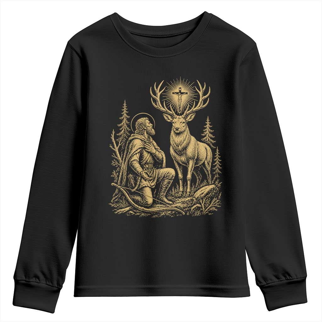 Saint Hubert Patron Saint of Hunters Vintage Woodcut Youth Sweatshirt Catholic Faith and Hunting Heritage Gift TS02 Black Print Your Wear