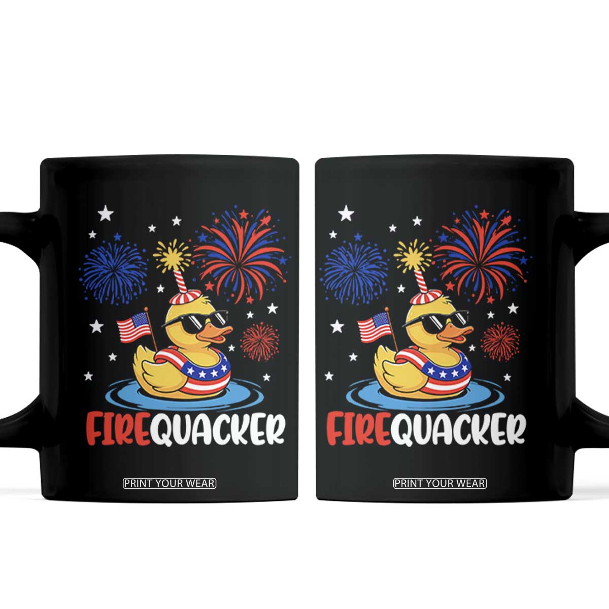 Firequacker Funny Patriotic Rubber Duck Coffee Mug Cool American Flag Sunglasses and Stars Swim Ring Summer Fireworks TS02 Black Print Your Wear