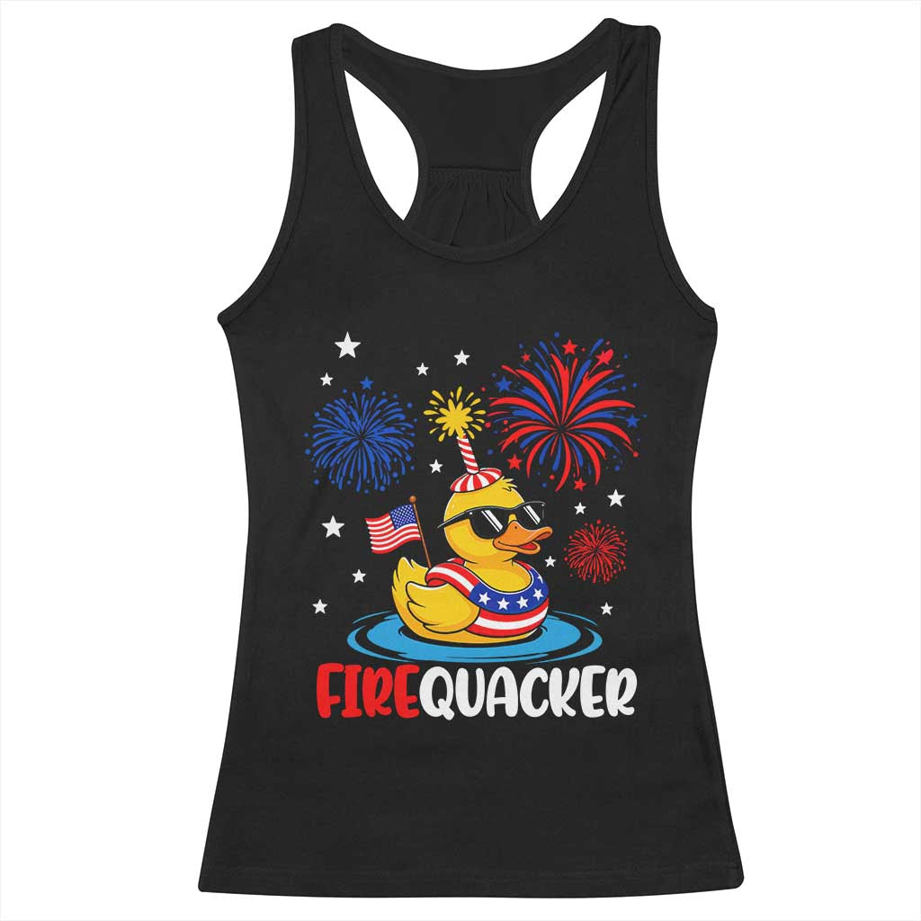 Firequacker Funny Patriotic Rubber Duck Racerback Tank Top Cool American Flag Sunglasses and Stars Swim Ring Summer Fireworks TS02 Black Print Your Wear