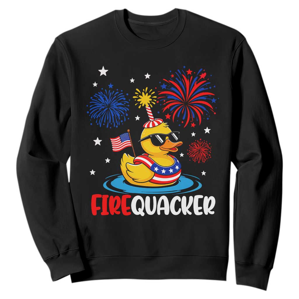 Firequacker Funny Patriotic Rubber Duck Sweatshirt Cool American Flag Sunglasses and Stars Swim Ring Summer Fireworks TS02 Black Print Your Wear