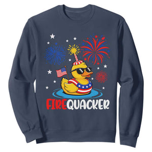 Firequacker Funny Patriotic Rubber Duck Sweatshirt Cool American Flag Sunglasses and Stars Swim Ring Summer Fireworks TS02 Navy Print Your Wear