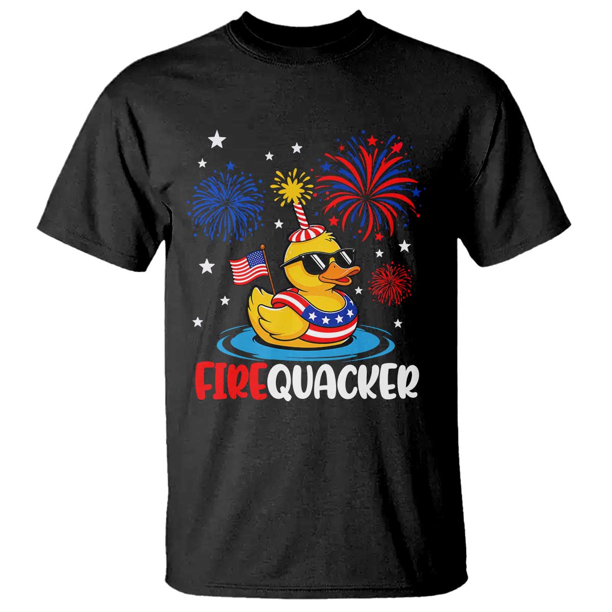Firequacker Funny Patriotic Rubber Duck T Shirt Cool American Flag Sunglasses and Stars Swim Ring Summer Fireworks TS02 Black Print Your Wear