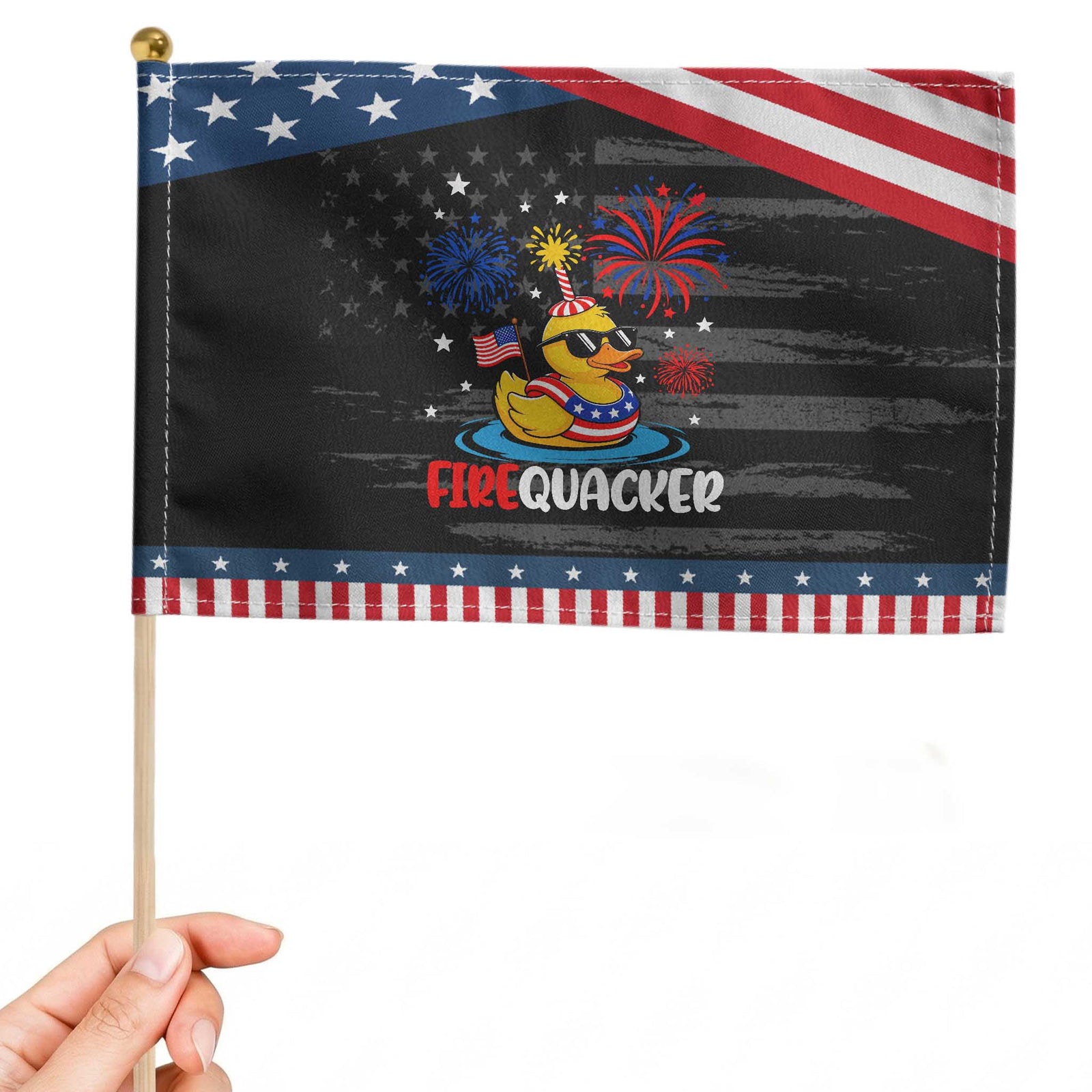 Firequacker Funny Rubber Duck Patriotic Handheld Flag Cool American Flag Sunglasses and Stars Swim Ring Summer Fireworks TS02 Distressed 8.2