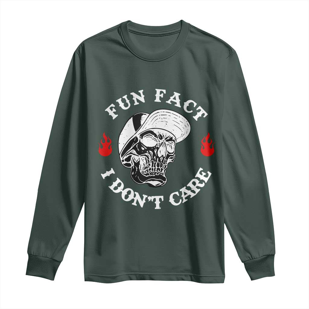 Fun Fact I Dont Care Skull Long Sleeve Shirt Edgy Sarcastic Attitude TS02 Dark Forest Green Print Your Wear