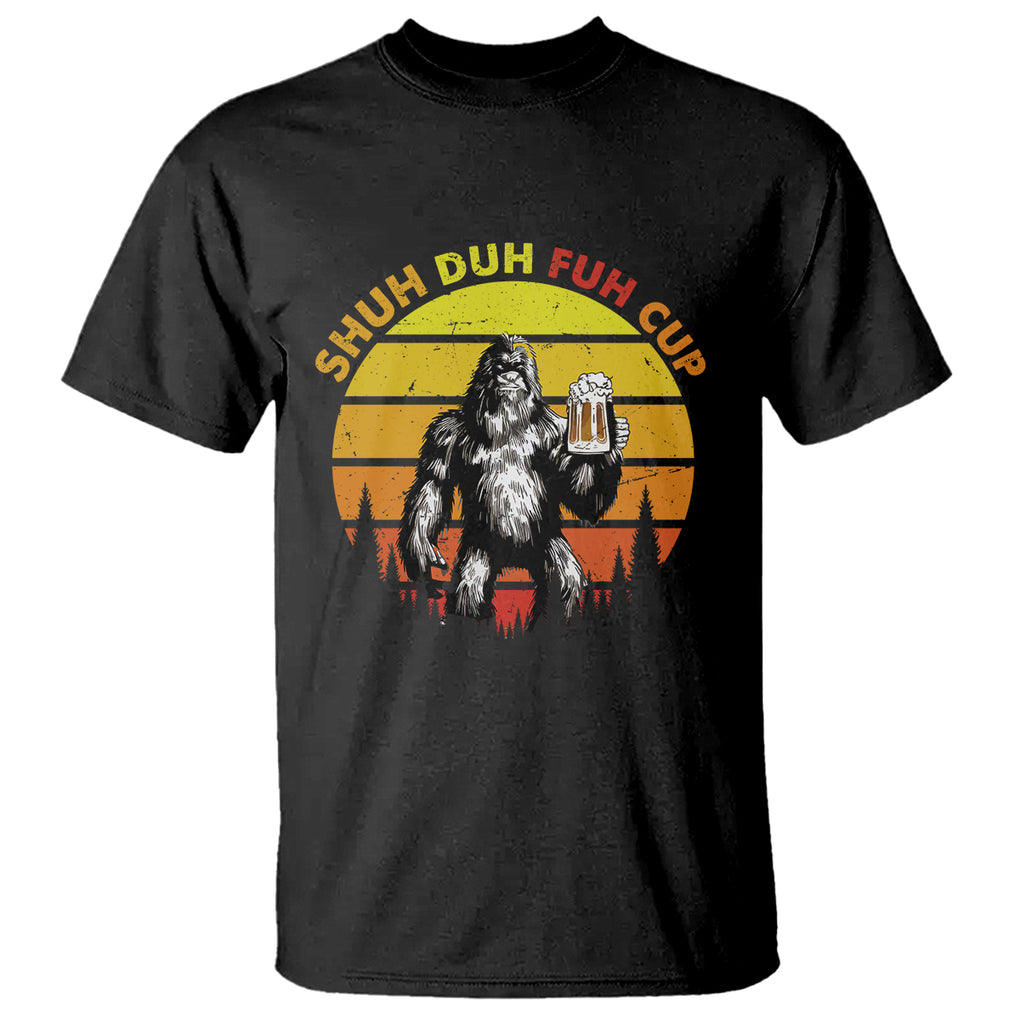 Funny Camping T Shirt Shuh Duh Fuh Cup Retro Funny Bigfoot Drinking Beer Camping TS02 Dark Heather Printyourwear