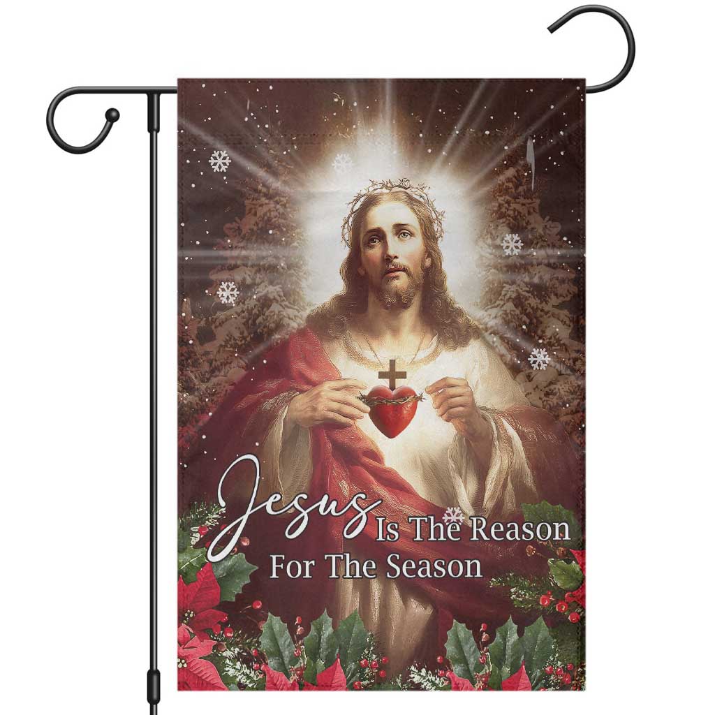 Sacred Heart of Jesus Christmas Garden Flag Jesus Is the Reason for the Season Radiant Glow Poinsettias TS02 Christmas Print Your Wear