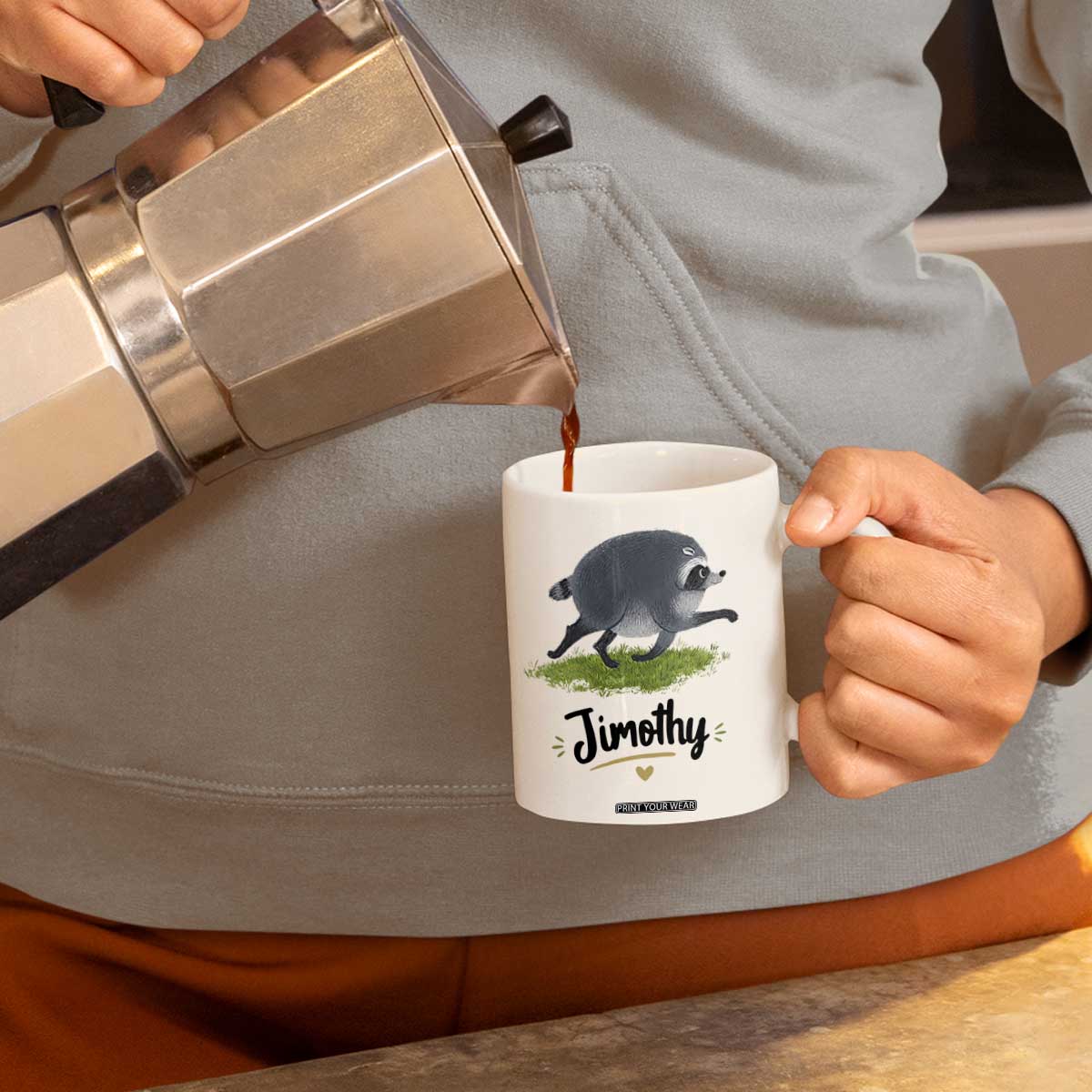 Cute Running Jimothy the Raccoon Coffee Mug Viral Seattle Trash Panda Meme TS02 Print Your Wear