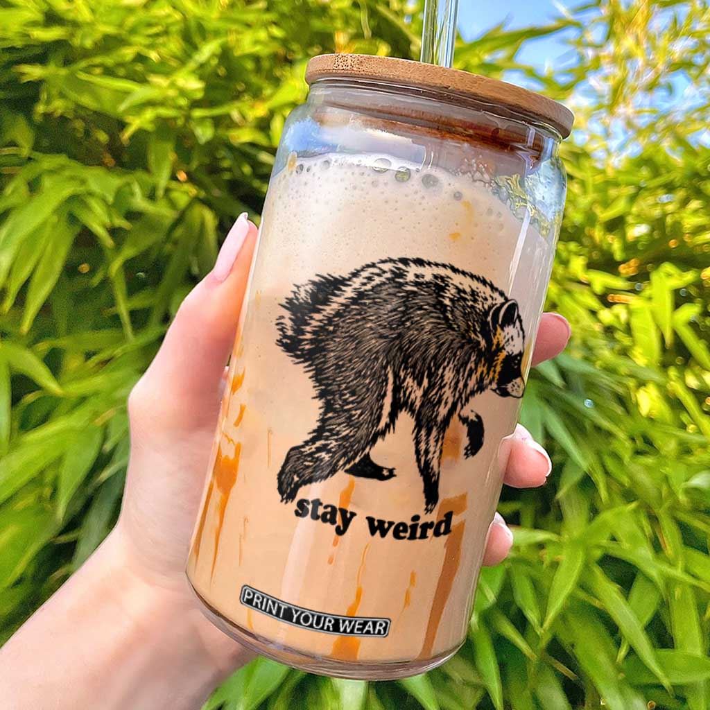 Stay Weird Jimothy the Raccoon Vintage Woodcut Style Graphic Glass Can Funny Seattle Trash Panda Meme TS02 White Print Your Wear