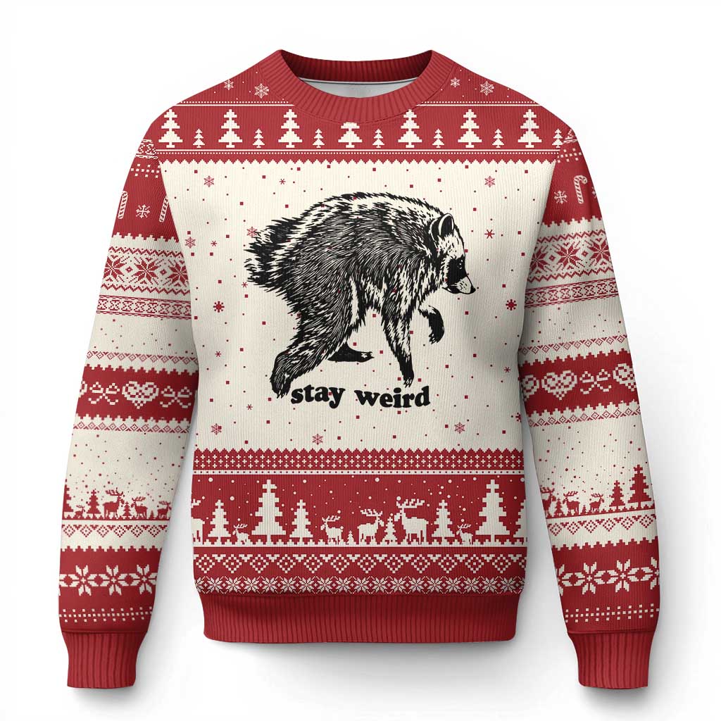 Stay Weird Jimothy the Raccoon Vintage Woodcut Style Graphic Ugly Christmas Sweater Funny Seattle Trash Panda Meme TS02 Beige Red Print Your Wear