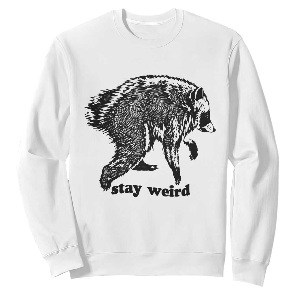 Stay Weird Jimothy the Raccoon Vintage Woodcut Style Graphic Sweatshirt Funny Seattle Trash Panda Meme TS02 White Print Your Wear
