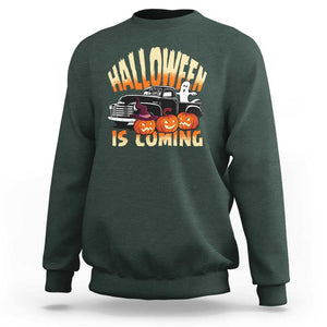 Halloween Season Sweatshirt Spooky Season Is Coming Scary Pumpkin Car TS02 Dark Forest Green Print Your Wear