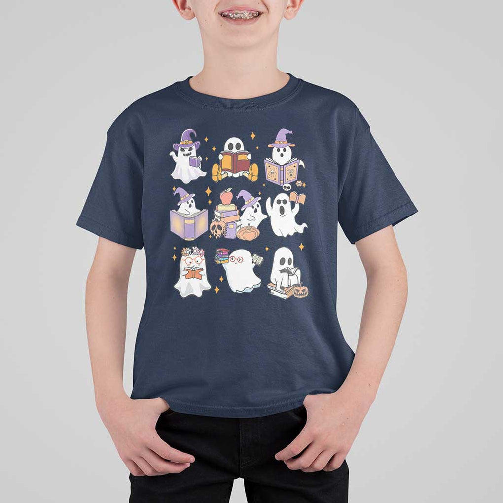 Halloween Reading T Shirt For Kid Reading Books Boo Sheet Ghosts Teacher Librarian TS02 Navy Print Your Wear
