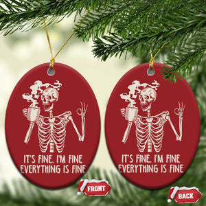 Funny Skeleton Christmas Ornament It's Fine I'm Fine Everything's Fine Never Better Drinking Coffee TS02 Oval Red Print Your Wear