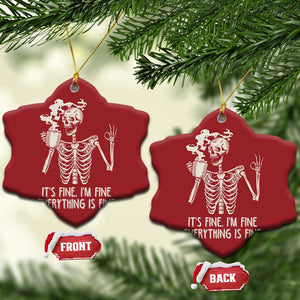 Funny Skeleton Christmas Ornament It's Fine I'm Fine Everything's Fine Never Better Drinking Coffee TS02 Snow Flake Red Print Your Wear