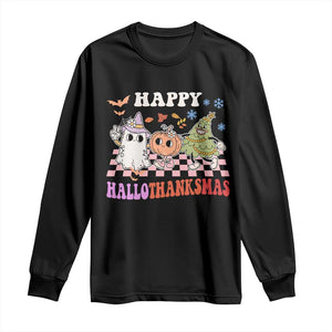 Happy HalloThanksMas Long Sleeve Shirt Halloween Thanksgiving Christmas Retro Groovy Cute TS02 Black Print Your Wear