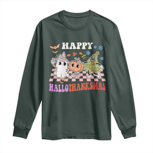 Happy HalloThanksMas Long Sleeve Shirt Halloween Thanksgiving Christmas Retro Groovy Cute TS02 Dark Forest Green Print Your Wear