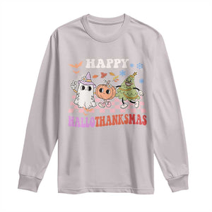 Happy HalloThanksMas Long Sleeve Shirt Halloween Thanksgiving Christmas Retro Groovy Cute TS02 Ice Gray Print Your Wear