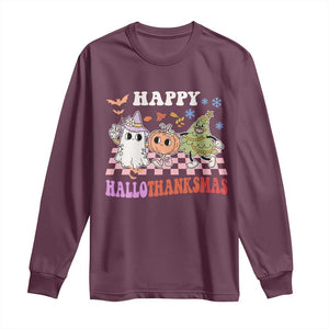 Happy HalloThanksMas Long Sleeve Shirt Halloween Thanksgiving Christmas Retro Groovy Cute TS02 Maroon Print Your Wear