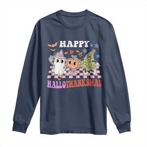 Happy HalloThanksMas Long Sleeve Shirt Halloween Thanksgiving Christmas Retro Groovy Cute TS02 Navy Print Your Wear