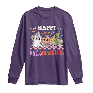 Happy HalloThanksMas Long Sleeve Shirt Halloween Thanksgiving Christmas Retro Groovy Cute TS02 Purple Print Your Wear