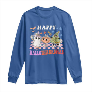 Happy HalloThanksMas Long Sleeve Shirt Halloween Thanksgiving Christmas Retro Groovy Cute TS02 Royal Blue Print Your Wear