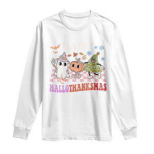 Happy HalloThanksMas Long Sleeve Shirt Halloween Thanksgiving Christmas Retro Groovy Cute TS02 White Print Your Wear