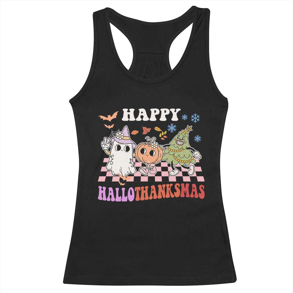 Happy HalloThanksMas Racerback Tank Top Halloween Thanksgiving Christmas Retro Groovy Cute TS02 Black Print Your Wear