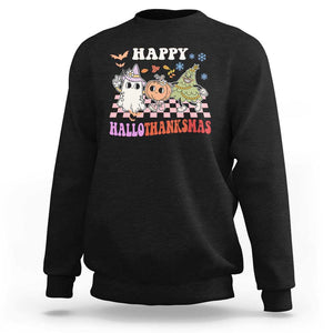 Happy HalloThanksMas Sweatshirt Halloween Thanksgiving Christmas Groovy TS02 Black Print Your Wear