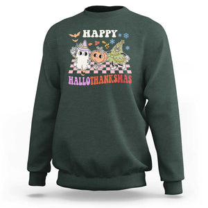 Happy HalloThanksMas Sweatshirt Halloween Thanksgiving Christmas Groovy TS02 Dark Forest Green Print Your Wear