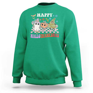 Happy HalloThanksMas Sweatshirt Halloween Thanksgiving Christmas Groovy TS02 Irish Green Print Your Wear