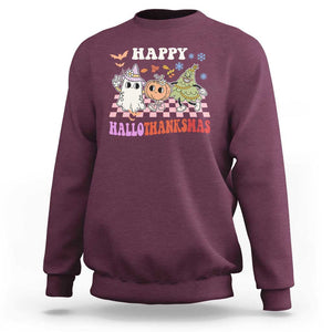 Happy HalloThanksMas Sweatshirt Halloween Thanksgiving Christmas Groovy TS02 Maroon Print Your Wear