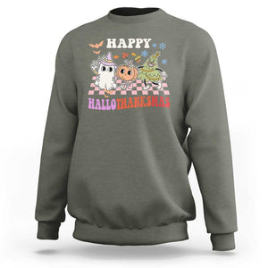 Happy HalloThanksMas Sweatshirt Halloween Thanksgiving Christmas Groovy TS02 Military Green Print Your Wear