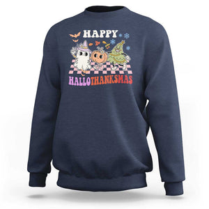 Happy HalloThanksMas Sweatshirt Halloween Thanksgiving Christmas Groovy TS02 Navy Print Your Wear