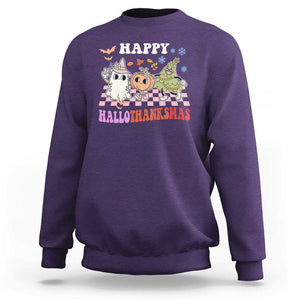 Happy HalloThanksMas Sweatshirt Halloween Thanksgiving Christmas Groovy TS02 Purple Print Your Wear