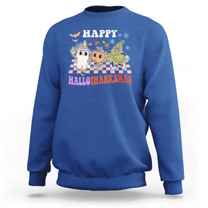 Happy HalloThanksMas Sweatshirt Halloween Thanksgiving Christmas Groovy TS02 Royal Blue Print Your Wear