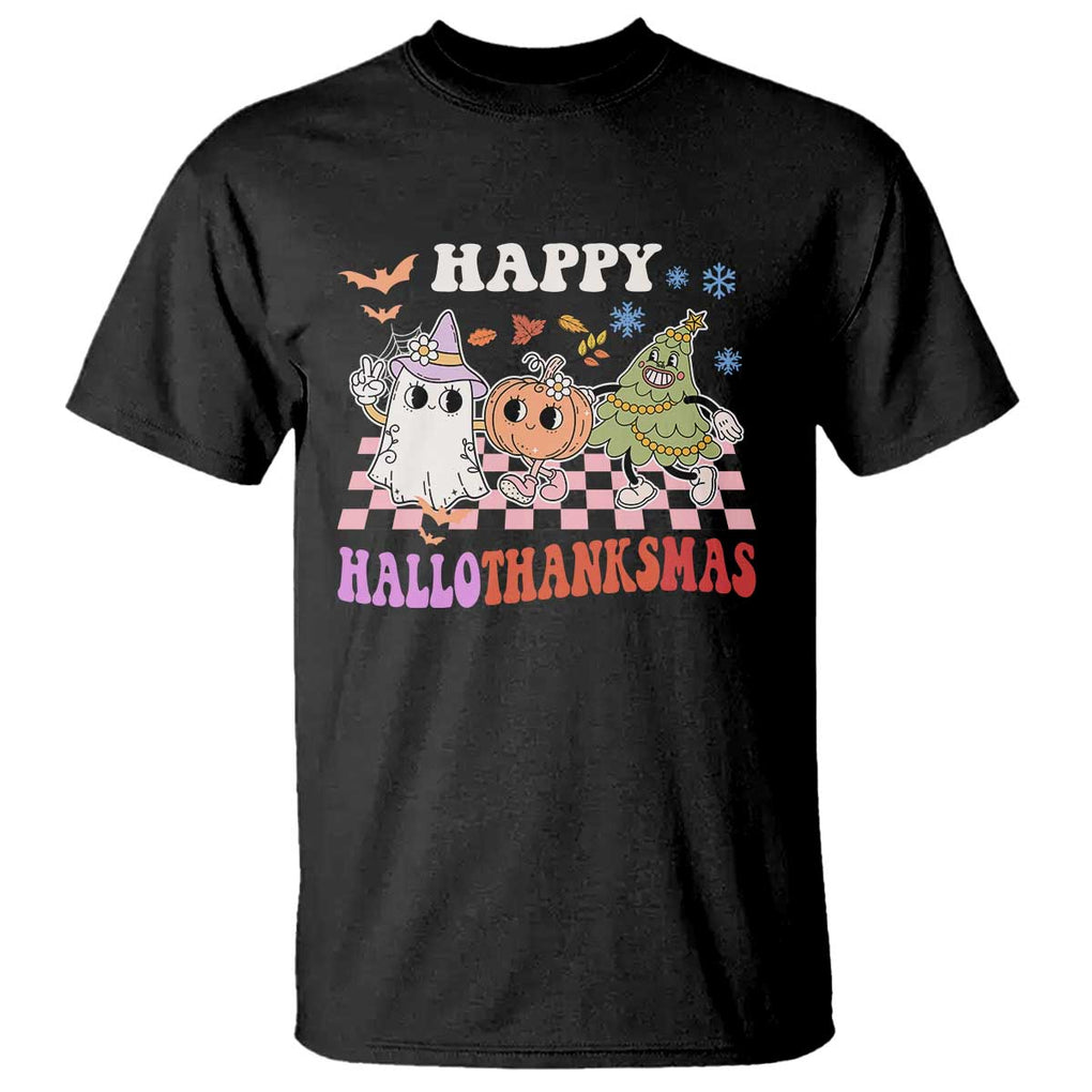 Happy HalloThanksMas T Shirt Halloween Thanksgiving Christmas Groovy TS02 Black Print Your Wear