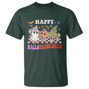 Happy HalloThanksMas T Shirt Halloween Thanksgiving Christmas Groovy TS02 Dark Forest Green Print Your Wear