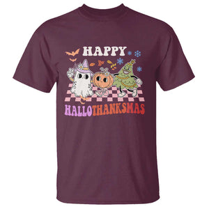 Happy HalloThanksMas T Shirt Halloween Thanksgiving Christmas Groovy TS02 Maroon Print Your Wear