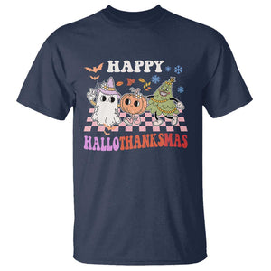 Happy HalloThanksMas T Shirt Halloween Thanksgiving Christmas Groovy TS02 Navy Print Your Wear