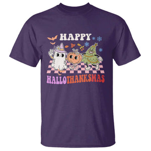 Happy HalloThanksMas T Shirt Halloween Thanksgiving Christmas Groovy TS02 Purple Print Your Wear