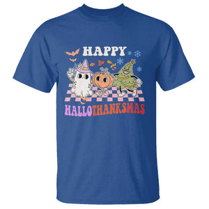 Happy HalloThanksMas T Shirt Halloween Thanksgiving Christmas Groovy TS02 Royal Blue Print Your Wear