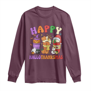 Happy HalloThanksMas Latte Long Sleeve Shirt Halloween Thanksgiving Christmas TS02 Maroon Print Your Wear