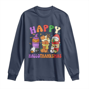 Happy HalloThanksMas Latte Long Sleeve Shirt Halloween Thanksgiving Christmas TS02 Navy Print Your Wear