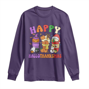 Happy HalloThanksMas Latte Long Sleeve Shirt Halloween Thanksgiving Christmas TS02 Purple Print Your Wear